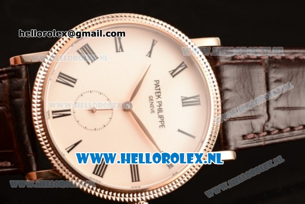 Patek Philippe Calatrava Small Seconds Miyota 9015 Automatic Rose Gold Case with Beige Dial Roman Numberal Markers and Brown Genuine Leather Strap (GF) - Click Image to Close